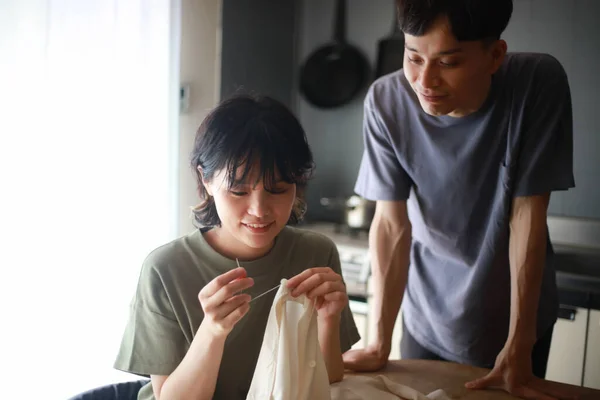 Woman Putting Buttons Clothes — Stock Photo, Image