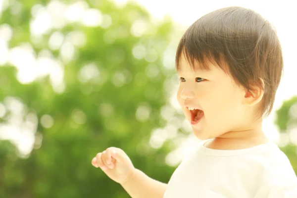 Cute Asian Little Boy Surprised Park — Stock Photo, Image