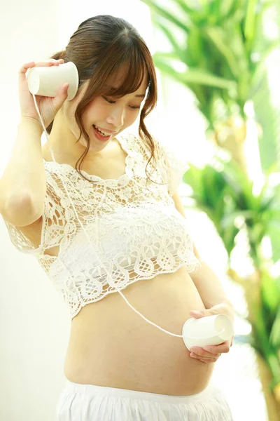 Retrato Tailandés Hermosa Joven Asiática Embarazada Comunicación Con Bebé Con — Foto de Stock