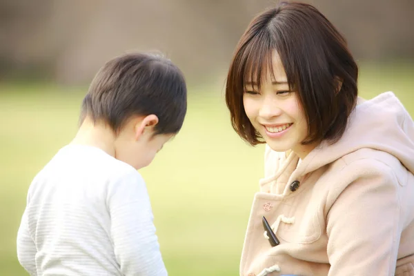 Young Mother Adorable Happy Little Son Playing Together Park — Stock Photo, Image