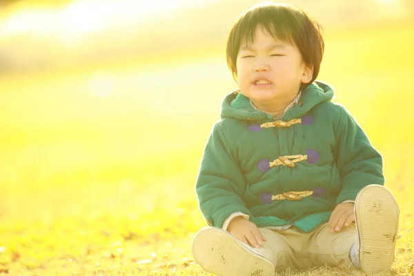 Asiatische Kleine Junge Auf Dem Gras Park Freien — Stockfoto
