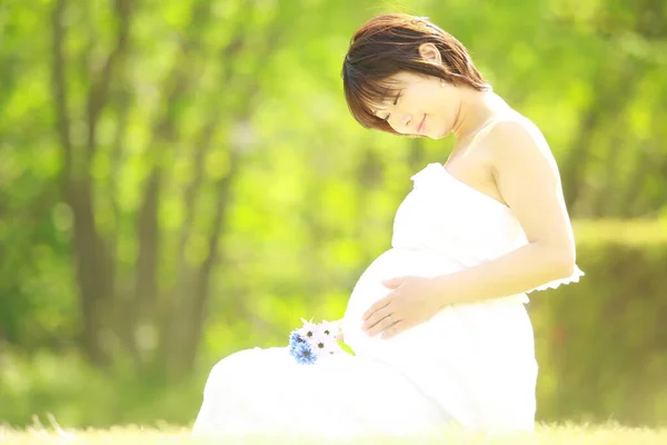 Parktaki Genç Güzel Asyalı Hamile Kadın — Stok fotoğraf
