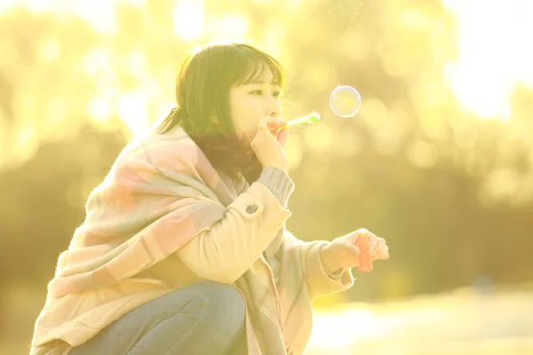 Young Beautiful Girl Blowing Soap Bubbles Park — Stock Photo, Image