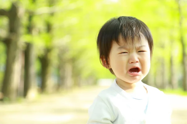Söt Asiatisk Liten Pojke Gråter Parken — Stockfoto