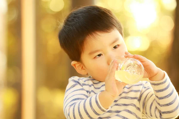 Bambino Che Beve Acqua Dalla Bottiglia — Foto Stock