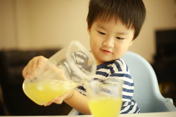 Cute Asian Little Boy Glass Juice — Stock Photo, Image