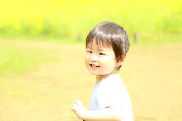 Asian Little Boy Park Lawn — Stock Photo, Image