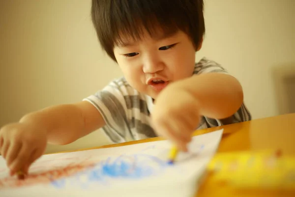 Cute Little Boy Drawing Home — Stock Photo, Image