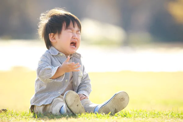 Asiatisk Liten Pojke Gråter Parken Utomhus — Stockfoto