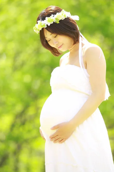 Hermosa Asiático Embarazada Mujer Parque — Foto de Stock