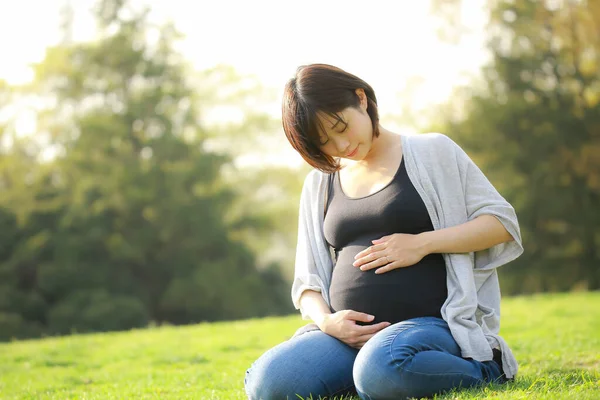 公園にいる若い美しいアジア系の妊婦は — ストック写真