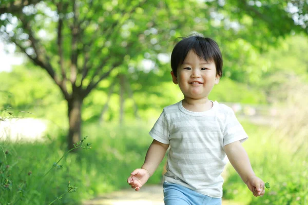 Running Asian Little Boy Park Outdoors — Stock Photo, Image