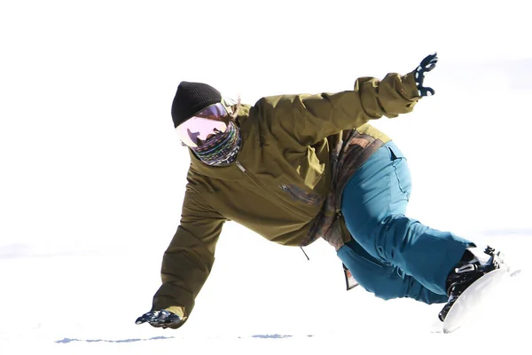 Homem Snowboarder Chão Nevado Coberto Neve — Fotografia de Stock
