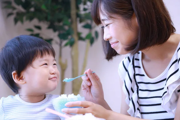 아시아인 어머니가 아들에게 먹이는 — 스톡 사진