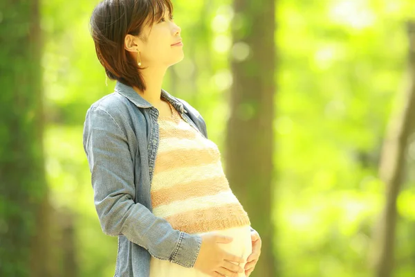 Beautiful Pregnant Asian Woman Park Stock Photo