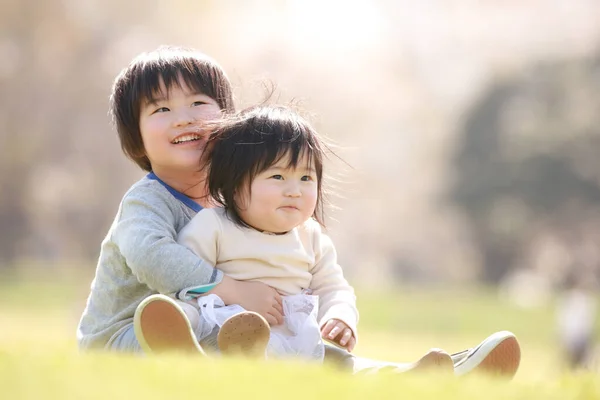 美しい夏の公園で草の上に座っている小さな日本人の少年と彼の妹 — ストック写真