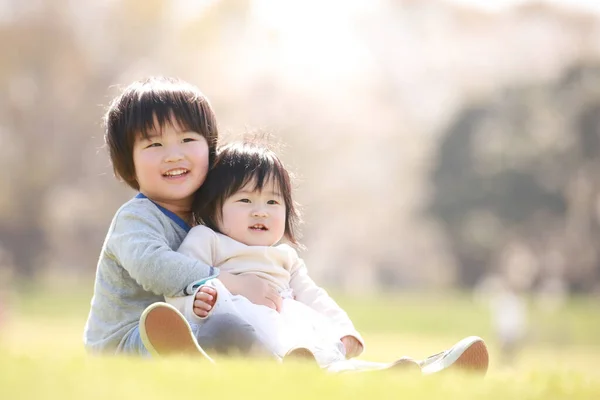 美しい夏の公園で草の上に座っている小さな日本人の少年と彼の妹 — ストック写真