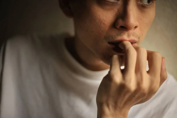 Portrait Thinking Asian Man White Shirt — Stock Photo, Image