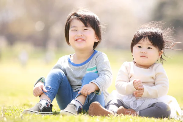 Pequeño Chico Japonés Hermana Sentado Hierba Hermoso Parque Verano —  Fotos de Stock