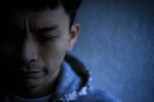 Portrait Crying Lonely Asian Man Talking Phone — Stock Photo, Image
