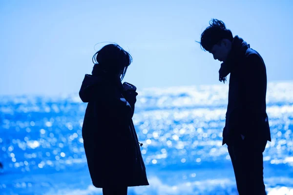 Widok Boku Młoda Para Stojąca Wybrzeżu Morza Sylwetki — Zdjęcie stockowe