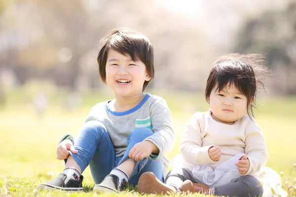 Kis Japán Fiú Nővére Fűben Ülnek Gyönyörű Nyári Parkban — Stock Fotó