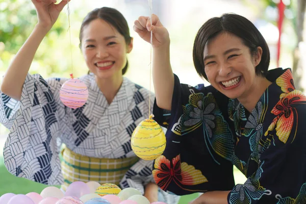 Японские Женщины Кимоно Время Традиционного Фестиваля Танабата Японии — стоковое фото