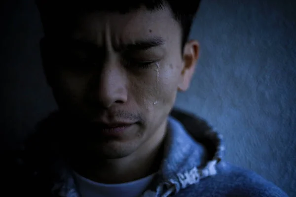 Portrait Crying Lonely Asian Man Talking Phone — Stock Photo, Image