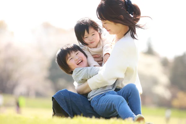 Joyeux Jeune Mère Relaxant Avec Les Enfants Dans Parc Été — Photo