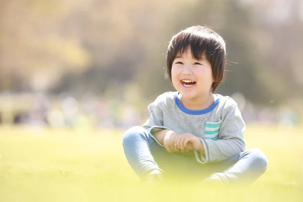 Portrait Happy Japanese Boy Summer Park — Stock Photo, Image