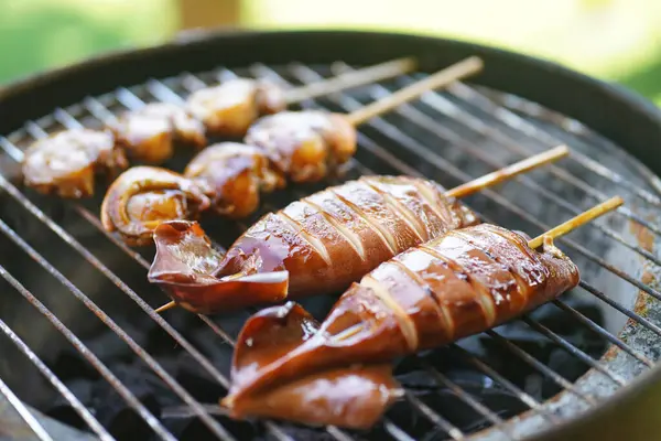 Close View Skewers Delicious Seafood Cooking Grill — Stock Photo, Image