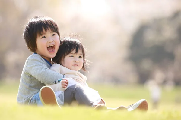 Kleine Japanse Jongen Zijn Zus Zitten Het Gras Prachtige Zomer — Stockfoto