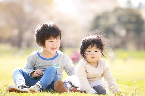 Little Japanese Boy His Sister Sitting Grass Beautiful Summer Park — Stock Photo, Image