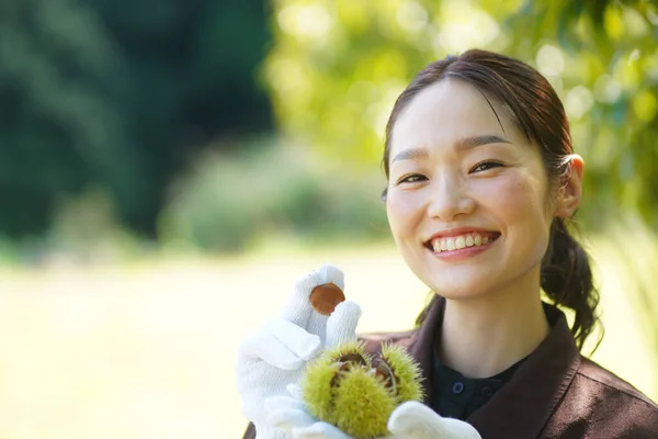 Счастливая Молодая Женщина Собирает Каштаны Парке — стоковое фото