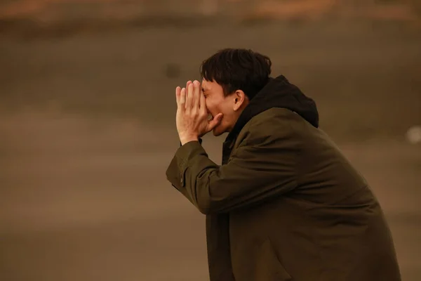 Young Asian Man Very Sad Beach — Stock Photo, Image