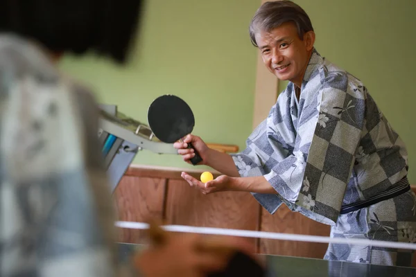 Senior Asian Couple Playing Table Tennis Kimono — Stock Photo, Image