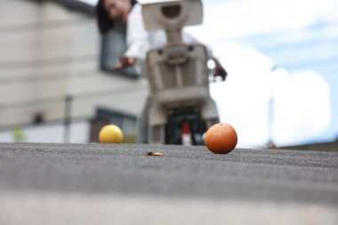 Yokuşta meyveyi yuvarlayan bir kadın