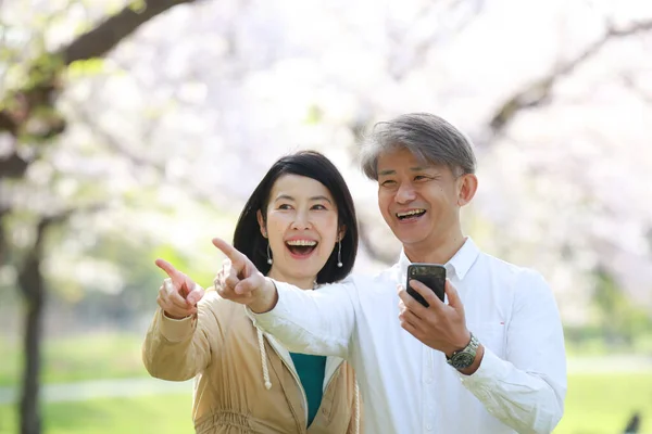 Asiático Hombre Mujer Señalando Parque — Foto de Stock