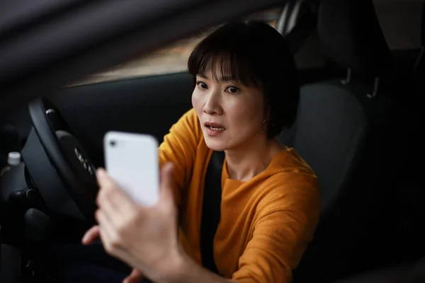 Beautiful Asian Young Woman Taking Selfie Car — Stock Photo, Image