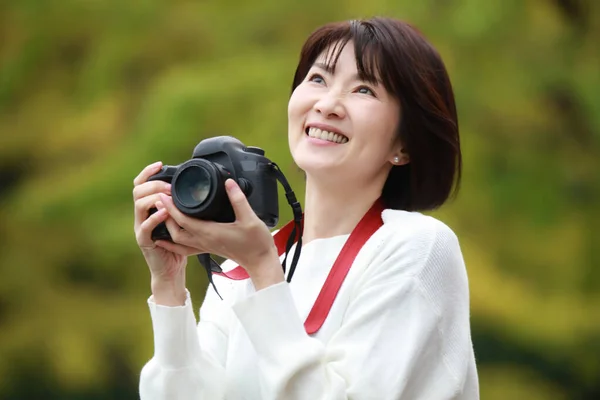 Young Beautiful Asian Young Woman Camera — Stock Photo, Image