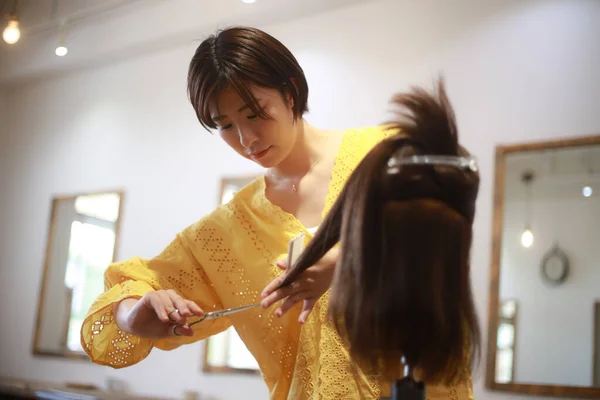 Hairdresser Doing Hair Cut Mannequin — Stock Photo, Image