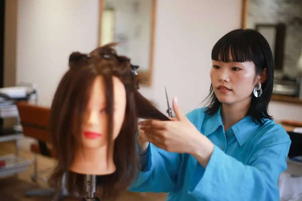 Peluquero Aprender Peinar Cabello Del Maniquí — Foto de Stock