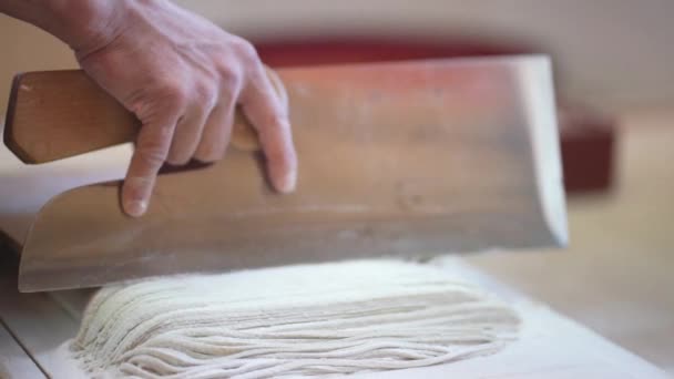 Close Man Cutting Tough Buckwheat Noodles — стоковое видео