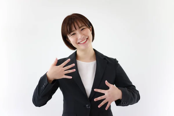 Uma Mulher Que Fala Japonês Língua Sinais Divertido Feliz — Fotografia de Stock