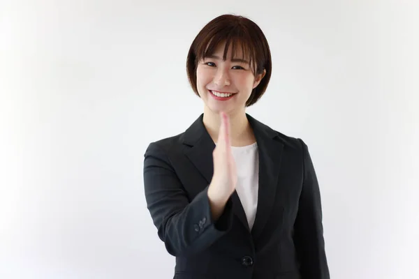 Uma Mulher Que Fala Japonês Língua Sinais Obrigado — Fotografia de Stock