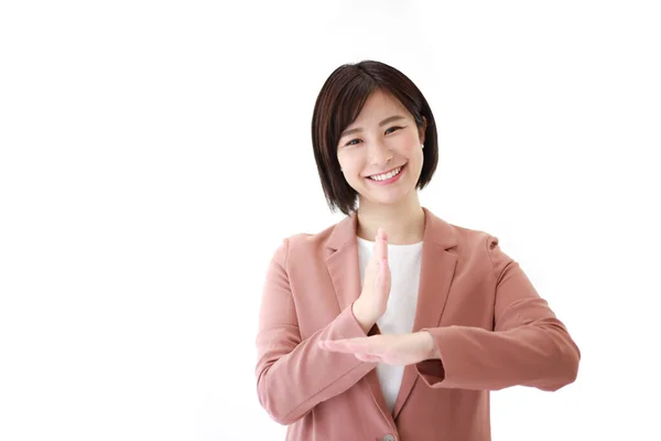 Jovem Asiático Empresário Mulher Gestos Com Mãos Isolado Fundo — Fotografia de Stock