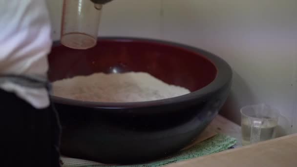 Men Hands Add Water Buckwheat Flour Mix — Vídeos de Stock