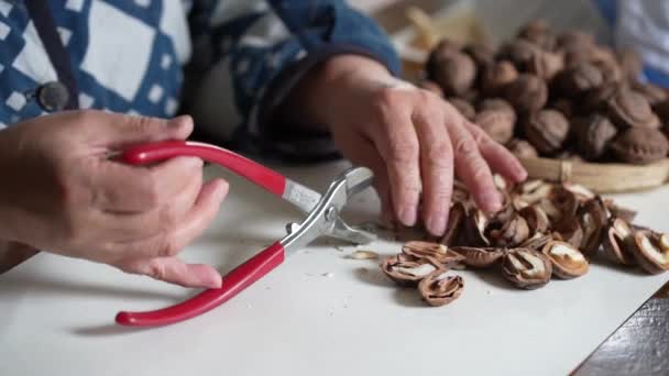 Een Vrouw Die Walnoten Breekt Met Een Notenkraker — Stockvideo