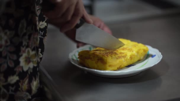一个女人切煎蛋卷的图像 — 图库视频影像