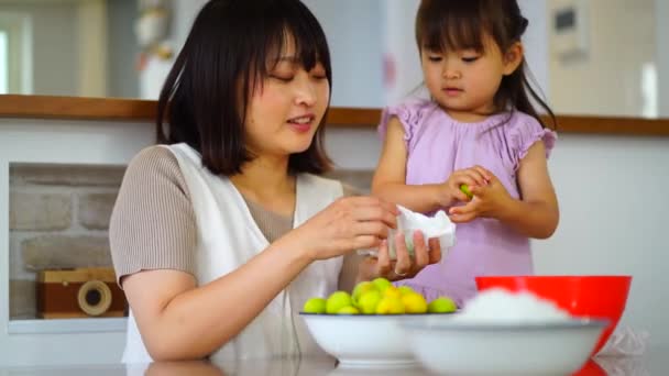Parents Children Who Wipe Water Washed Plums — Stok video